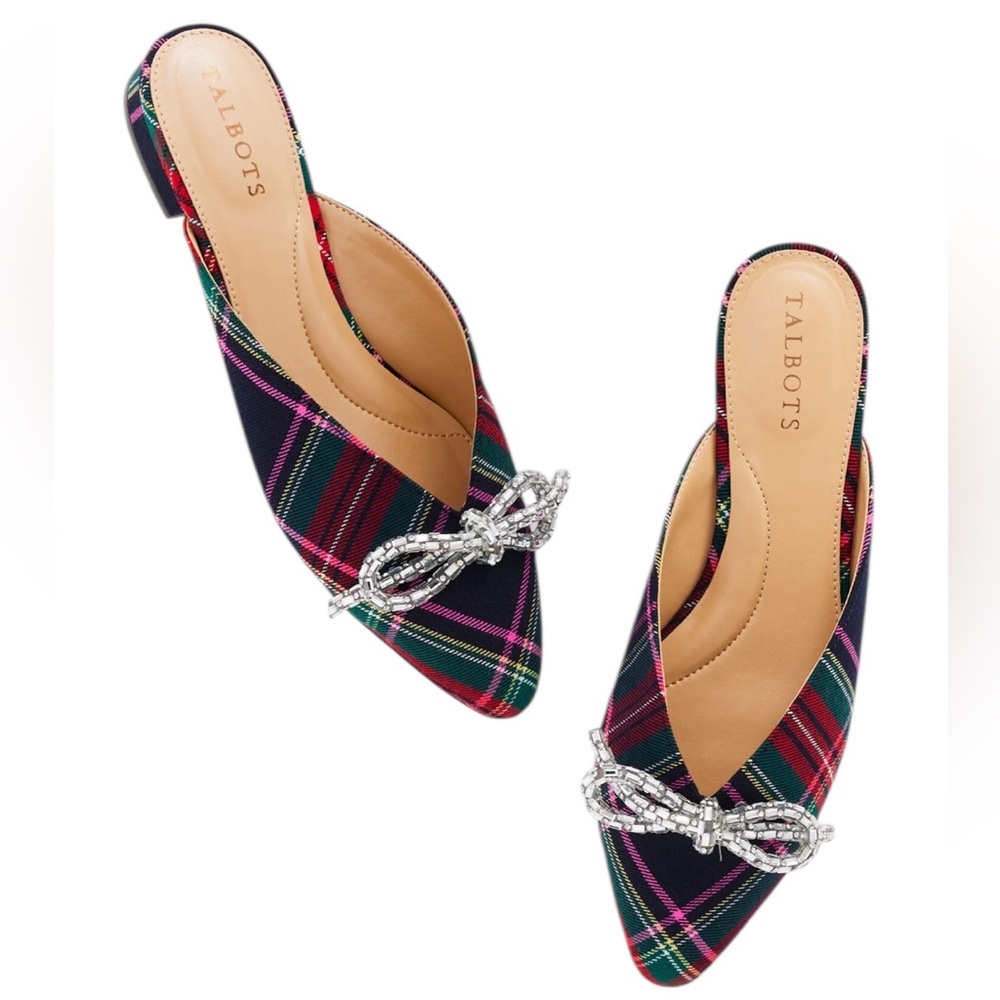 Talbots Edison Rhinestone Bow Mule Loafer Holiday Red Green Dashing Plaid Size 9